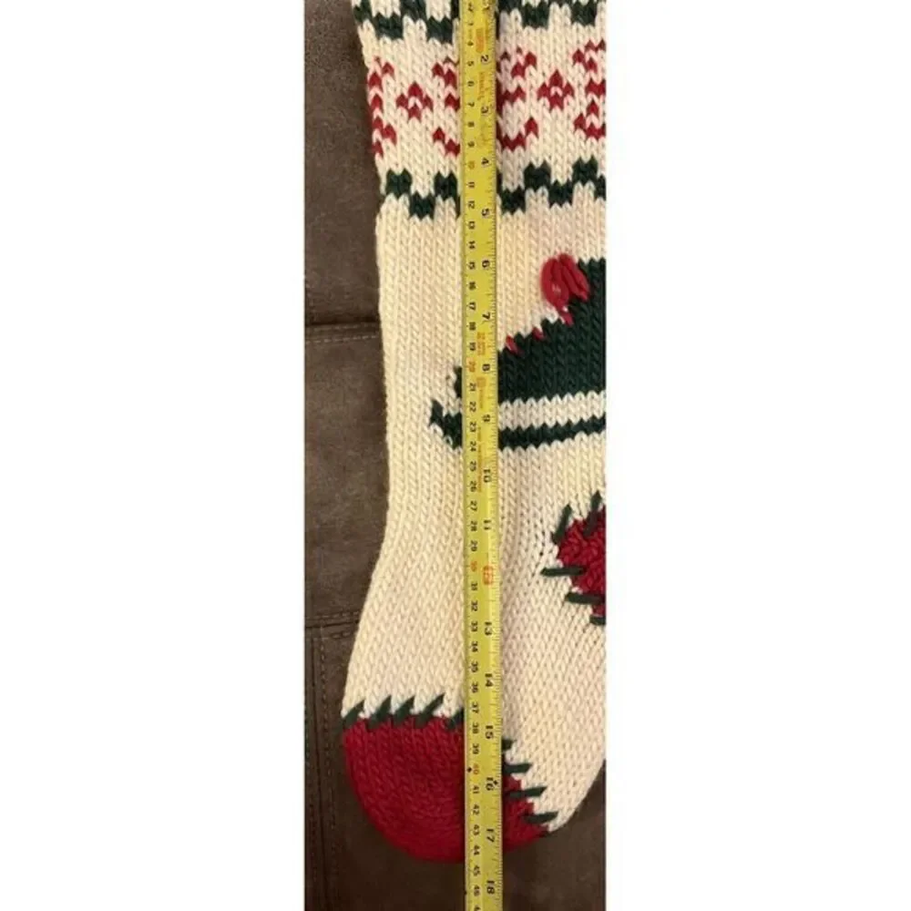 Hand Knit Ivory Christmas Stocking with Ice Skate‎ Sweater Print 18x7 Inches
